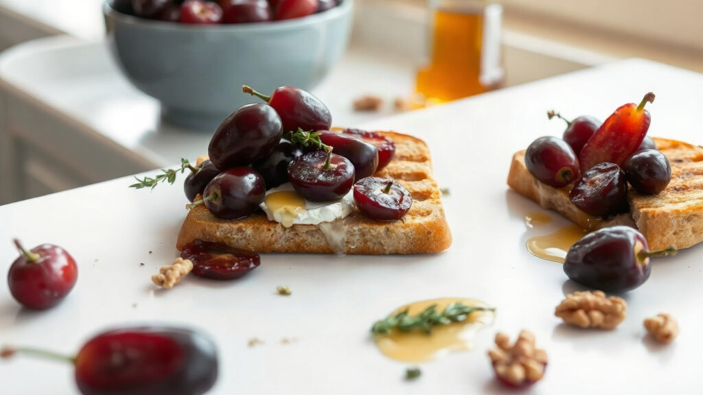 Toaster Oven Crispy Brown Butter Roasted Grape and Brie Grilled Cheese with Walnuts and Thyme