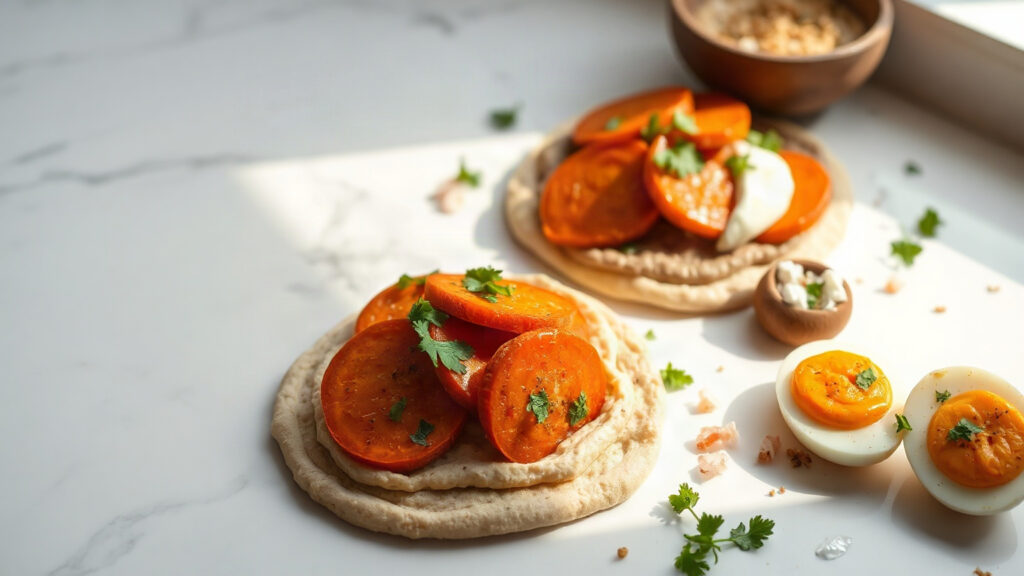 Toaster Oven Crispy Harissa Roasted Carrot and Hummus Flatbreads with Soft-Boiled Egg and Dukkah