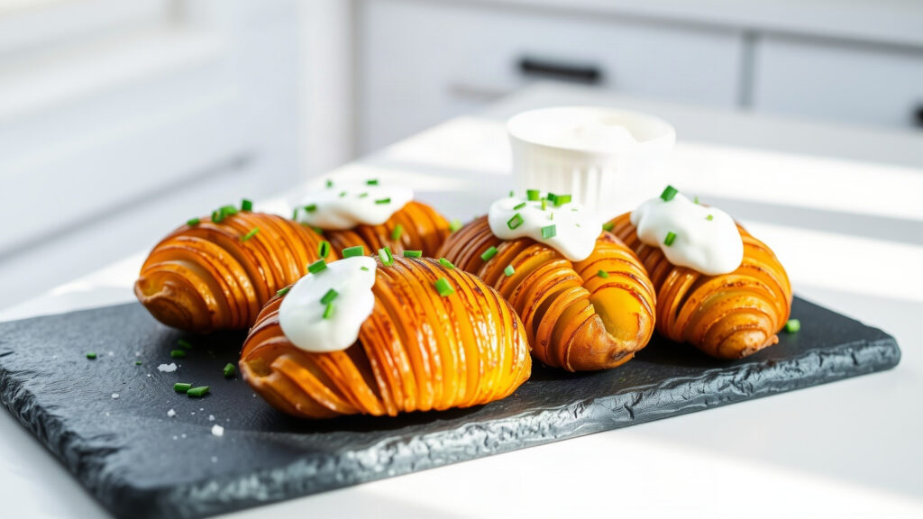 Toaster Oven Crispy Brown Butter Roasted Garlic and Herb Hasselback Potatoes with Sour Cream and Chives