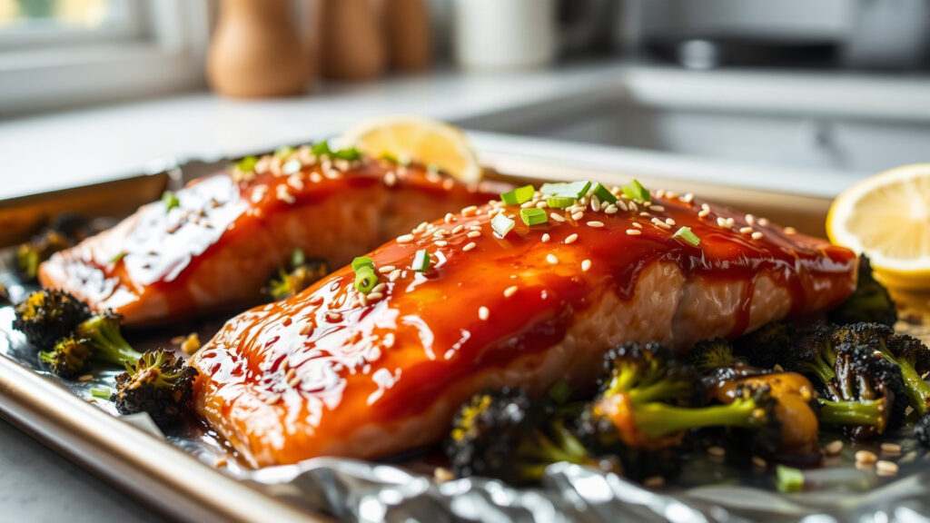 Toaster Oven Crispy Honey Garlic Roasted Salmon and Broccoli Sheet Pan