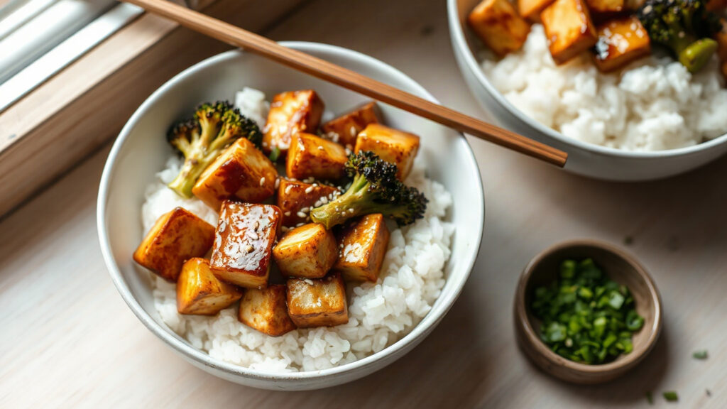 Toaster Oven Crispy Miso Glazed Tofu and Broccoli Rice Bowls with Sesame Scallion Drizzle