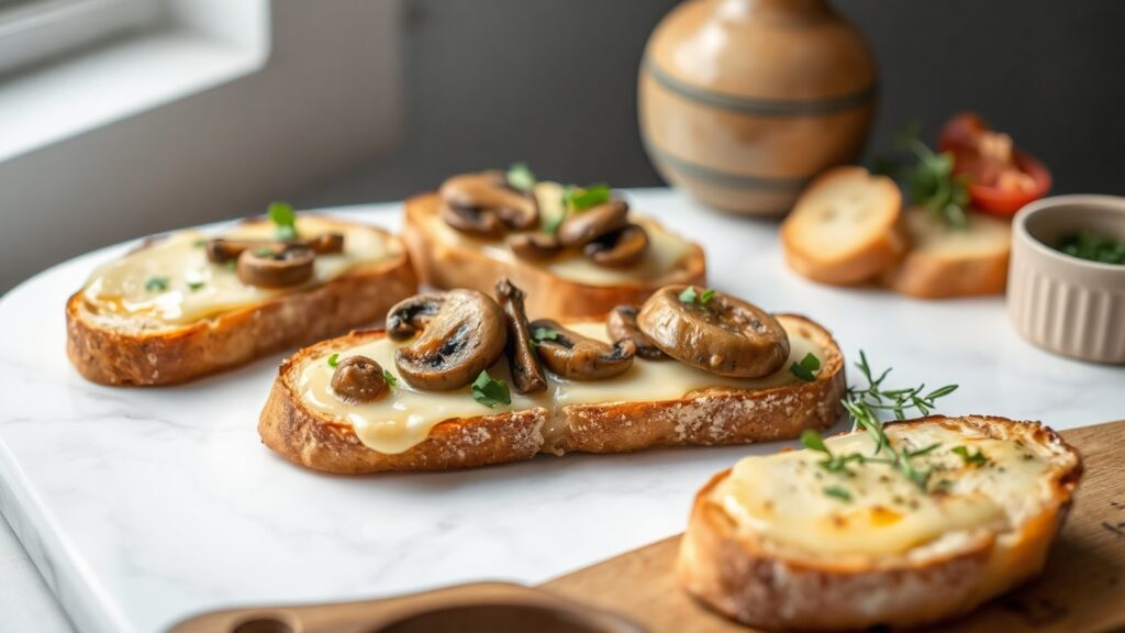 Toaster Oven Crispy Garlic Butter Roasted Mushroom and Gruyère Toasts with Fresh Thyme
