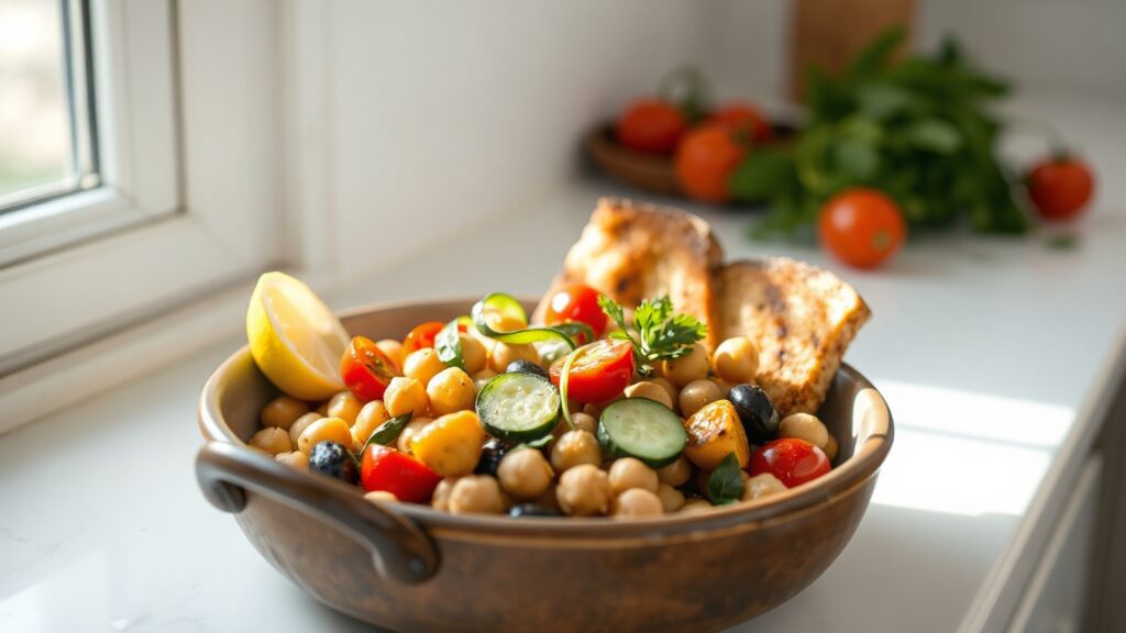 Toaster Oven Crispy Olive Oil and Sea Salt Roasted Chickpea Panzanella with Shaved Cucumber and Lemon Vinaigrette