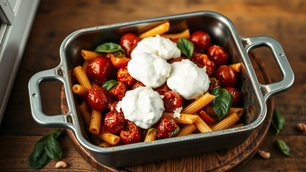 Toaster Oven Crispy Whipped Feta and Roasted Cherry Tomato Pasta Bake