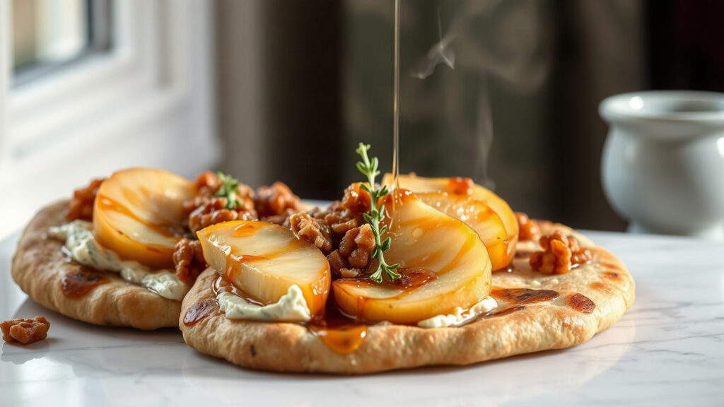 Toaster Oven Crispy Brown Butter Roasted Pear and Gorgonzola Flatbread with Candied Walnuts