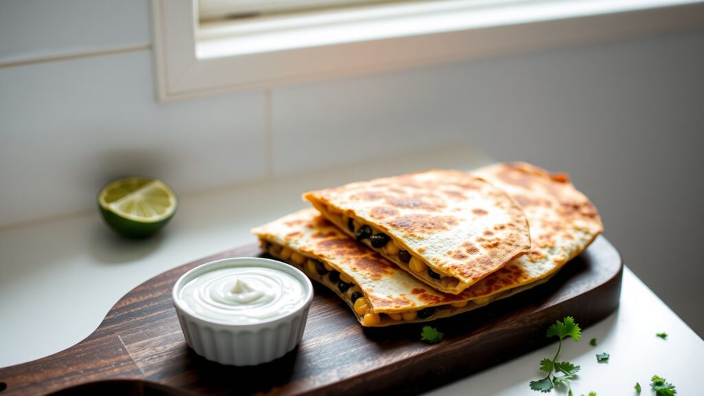 Toaster Oven Crispy Harissa Butter Corn and Black Bean Quesadillas with Lime Crema