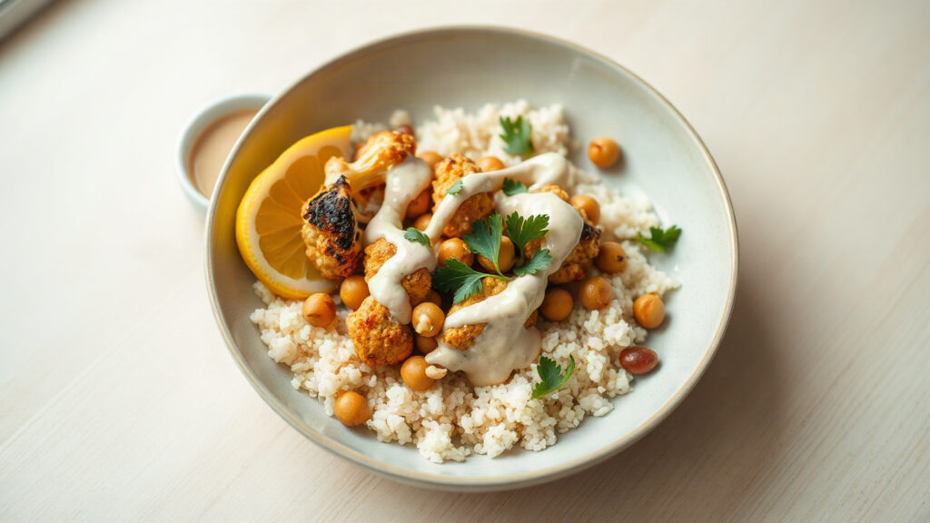 Toaster Oven Crispy Lemon Za’atar Roasted Cauliflower and Chickpea Bowls with Herbed Tahini