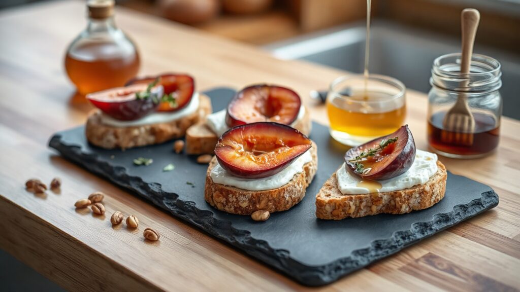 Toaster Oven Crispy Brown Butter Roasted Plum and Brie Tartines with Toasted Hazelnuts