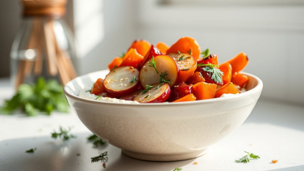 Toaster Oven Crispy Miso Butter Roasted Radishes and Carrots with Soft Herbed Labneh