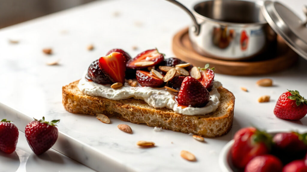 Toaster Oven Crispy Brown Butter Roasted Strawberry and Almond Ricotta Toast