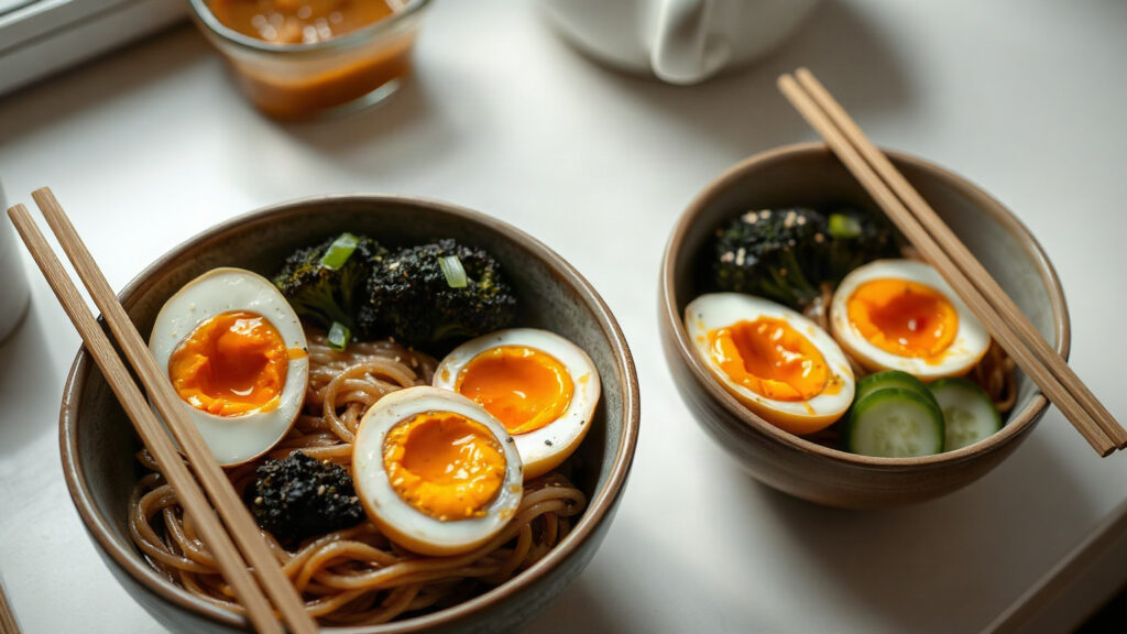 Toaster Oven Crispy Sesame Noodle Bowls with Roasted Broccoli and Soft-Boiled Egg