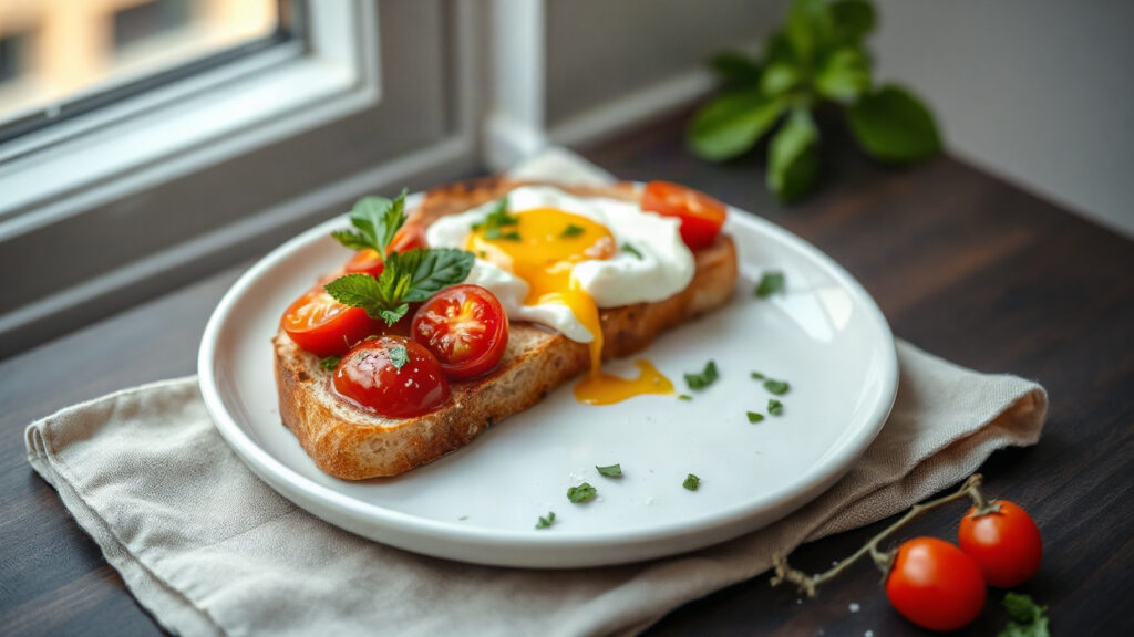 Toaster Oven Crispy Olive Oil and Herb Roasted Cherry Tomato Shakshuka Toast