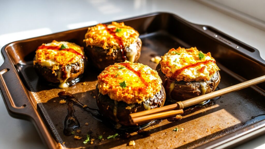 Toaster Oven Crispy Mozzarella and Roasted Garlic Stuffed Mushrooms with Herb Breadcrumbs