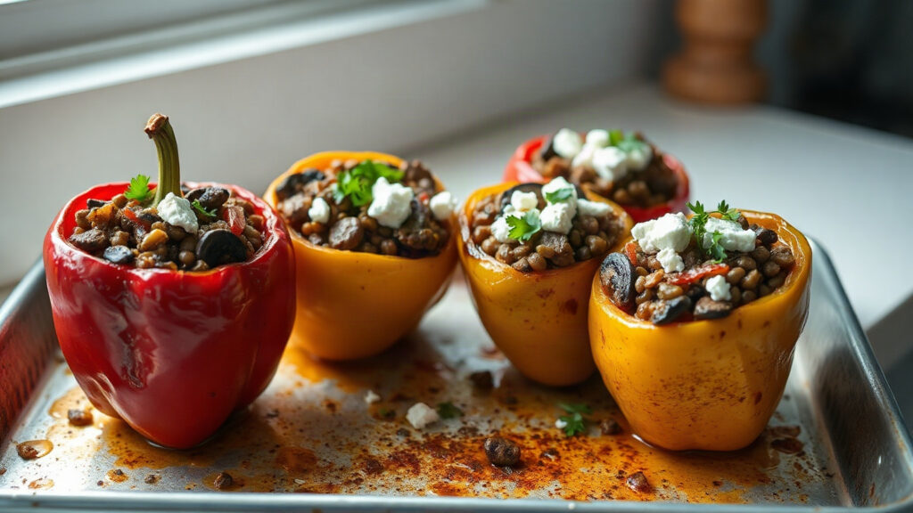 Toaster Oven Crispy Brown Butter Roasted Mushroom and Lentil Stuffed Peppers with Herbed Feta