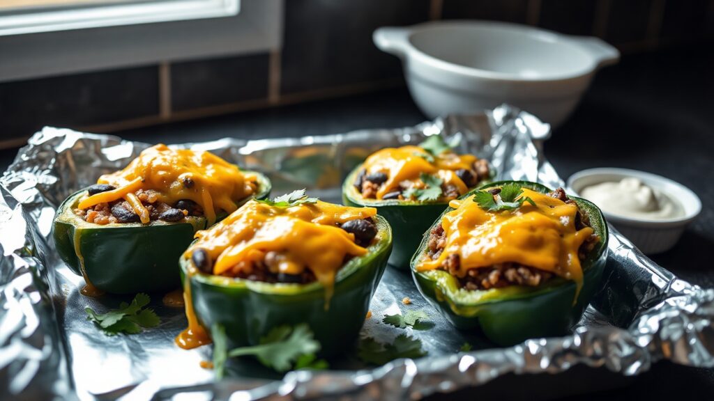 Toaster Oven Crispy Cheddar and Black Bean Stuffed Poblano Peppers