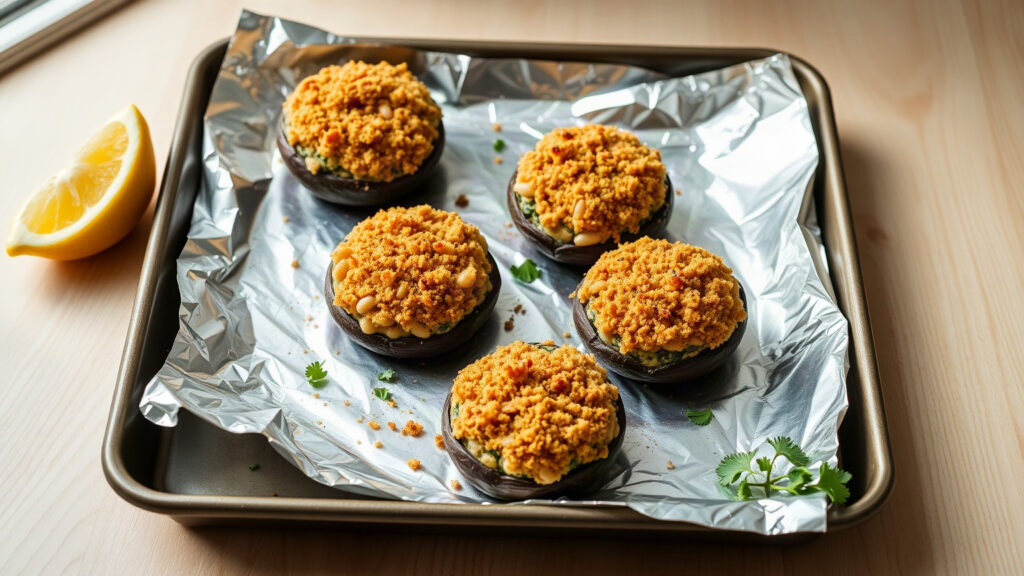 Toaster Oven Crispy Lemon Garlic White Bean and Spinach Stuffed Portobello Mushrooms