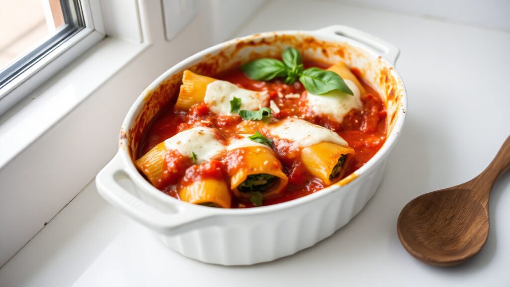 Toaster Oven Crispy Ricotta and Spinach Stuffed Shells with Roasted Garlic Marinara