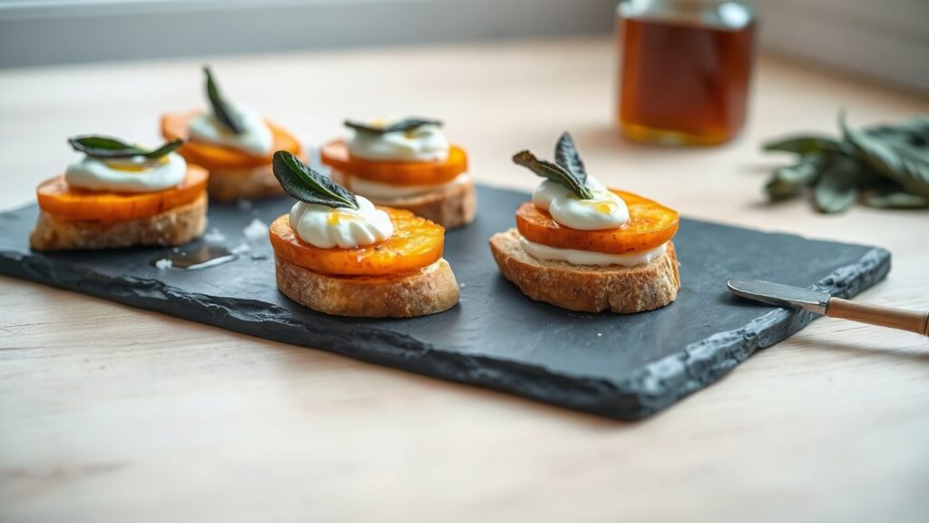 Toaster Oven Crispy Brown Butter Sweet Potato and Sage Crostini with Whipped Goat Cheese