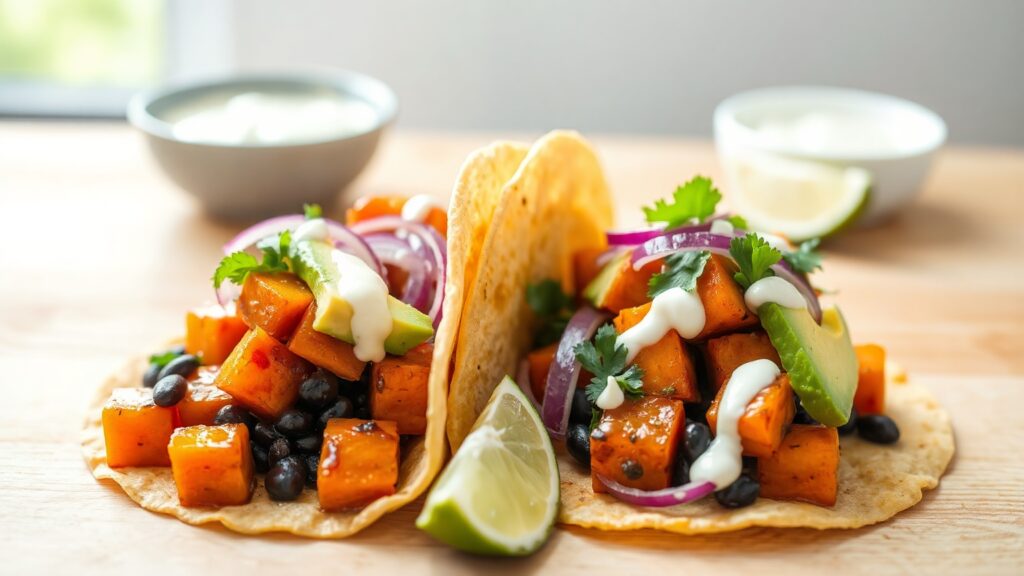 Toaster Oven Crispy Mango Habanero Roasted Sweet Potato and Black Bean Tacos with Lime Crema