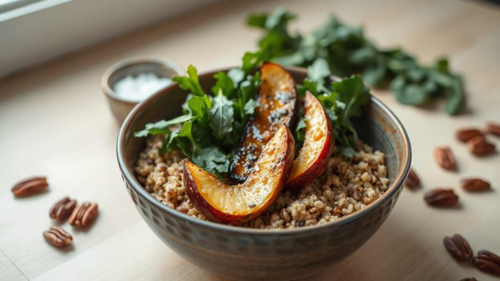 Toaster Oven Crispy Maple Dijon Roasted Tempeh and Apple Grain Bowls with Toasted Pecans