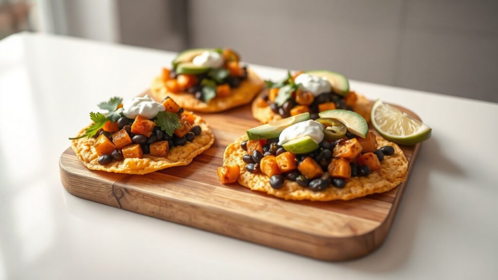 Toaster Oven Crispy Cumin-Spiced Sweet Potato and Black Bean Tostadas with Avocado and Pickled Jalapeño