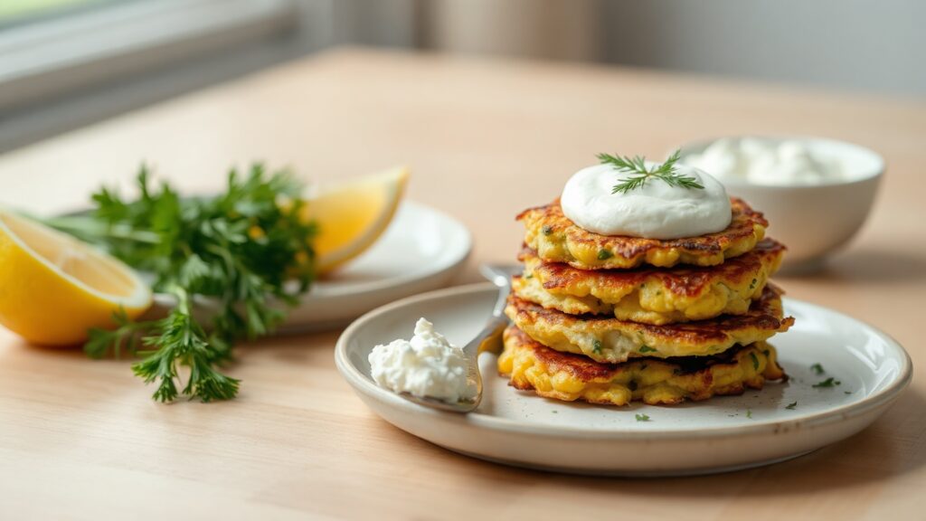 Toaster Oven Crispy Brown Butter Zucchini and Corn Fritters with Whipped Lemon Feta