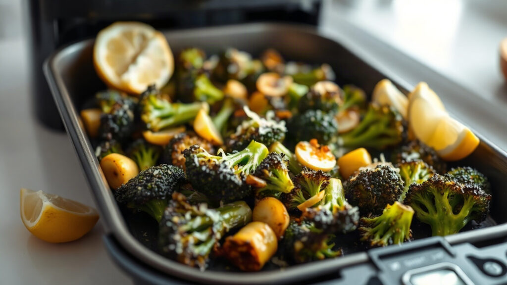 Air Fryer Toaster Oven Broccoli with Garlic, Lemon, and Parmesan