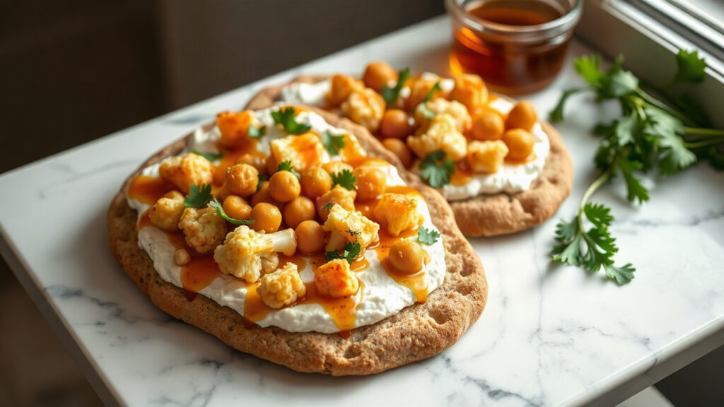 Toaster Oven Crispy Brown Butter Roasted Cauliflower and Chickpea Flatbread with Whipped Ricotta and Hot Honey