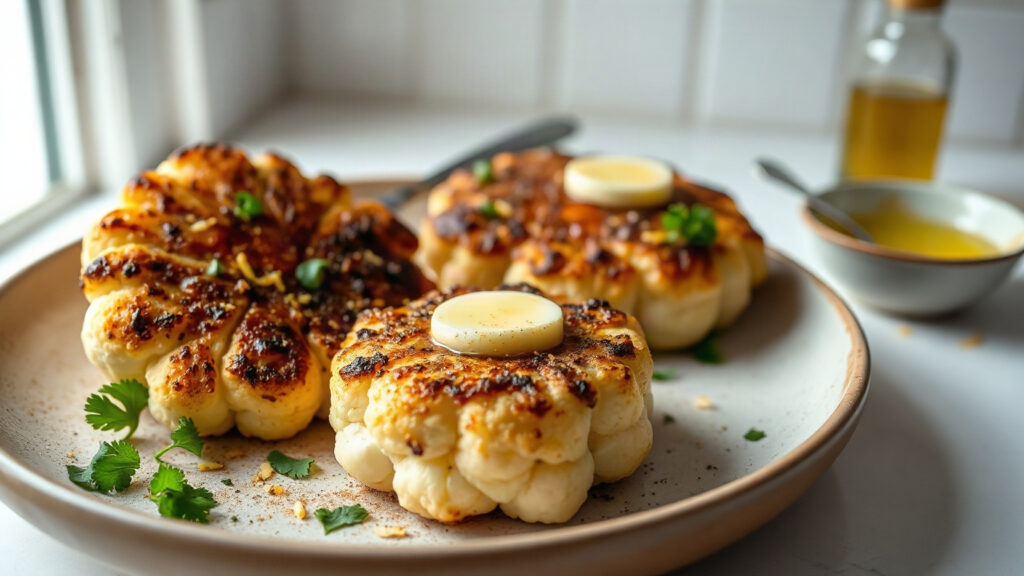 Toaster Oven Crispy Brown Butter Roasted Garlic and Parmesan Smashed Cauliflower Steaks with Lemon Herb Oil