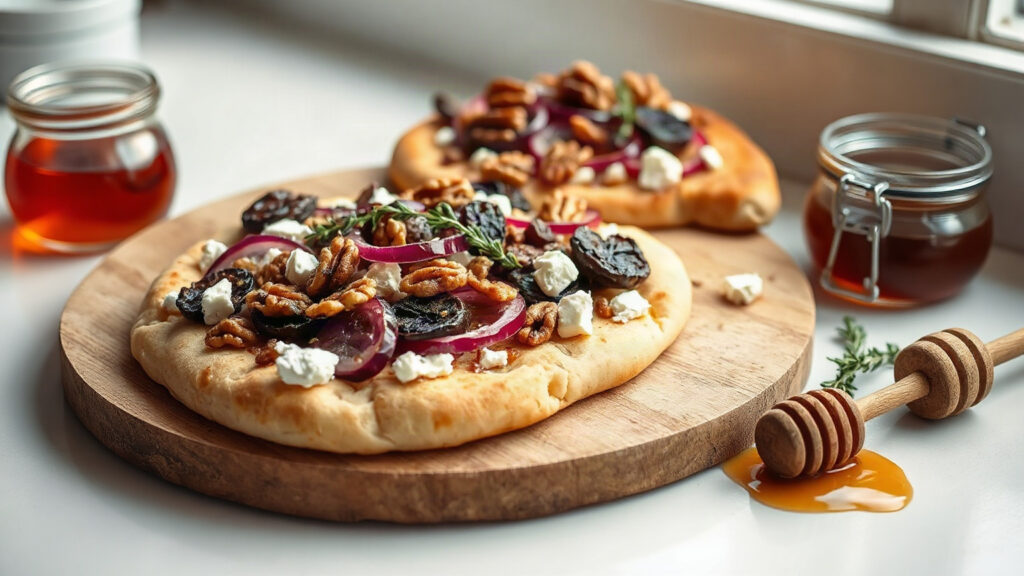 Toaster Oven Crispy Feta and Roasted Red Onion Flatbread with Honey, Walnuts, and Fresh Thyme