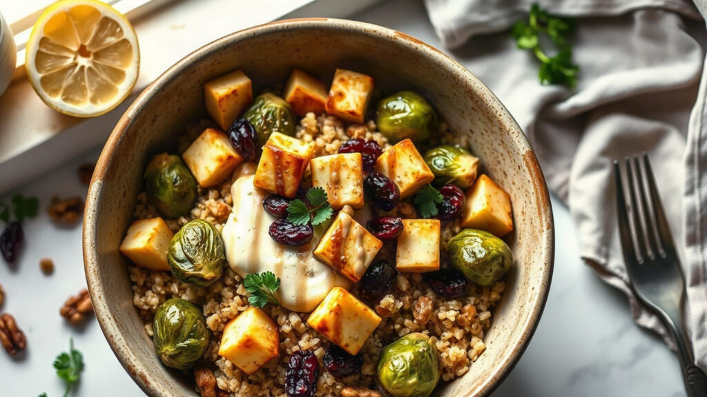 Toaster Oven Crispy Maple Dijon Roasted Brussels Sprouts and Halloumi Grain Bowls with Toasted Walnuts