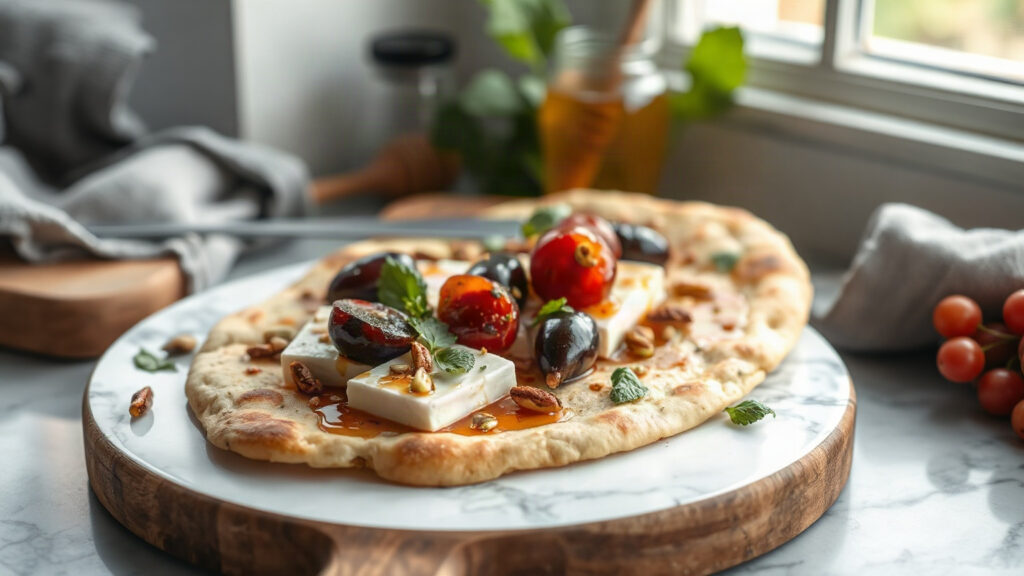 Toaster Oven Crispy Za’atar Halloumi and Roasted Grape Flatbread with Honey and Pistachios