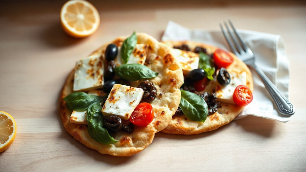 Toaster Oven Crispy Halloumi and Roasted Cherry Tomato Flatbread with Olive Tapenade and Fresh Basil