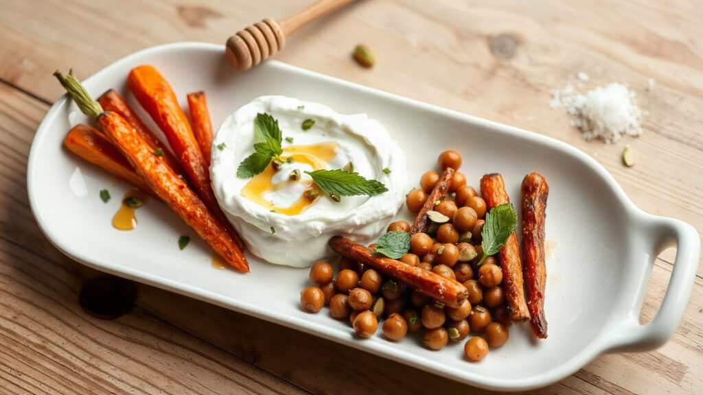 Toaster Oven Crispy Harissa Honey Roasted Carrots and Chickpeas with Whipped Goat Cheese and Pistachios