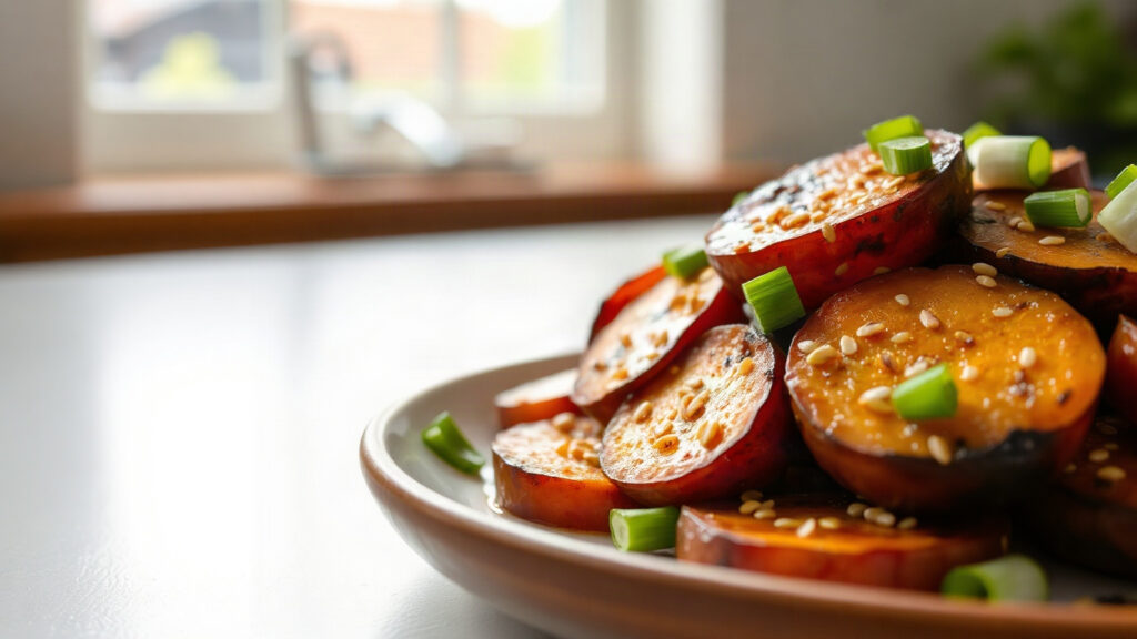 Toaster Oven Crispy Miso Butter Roasted Sweet Potatoes with Scallions and Sesame