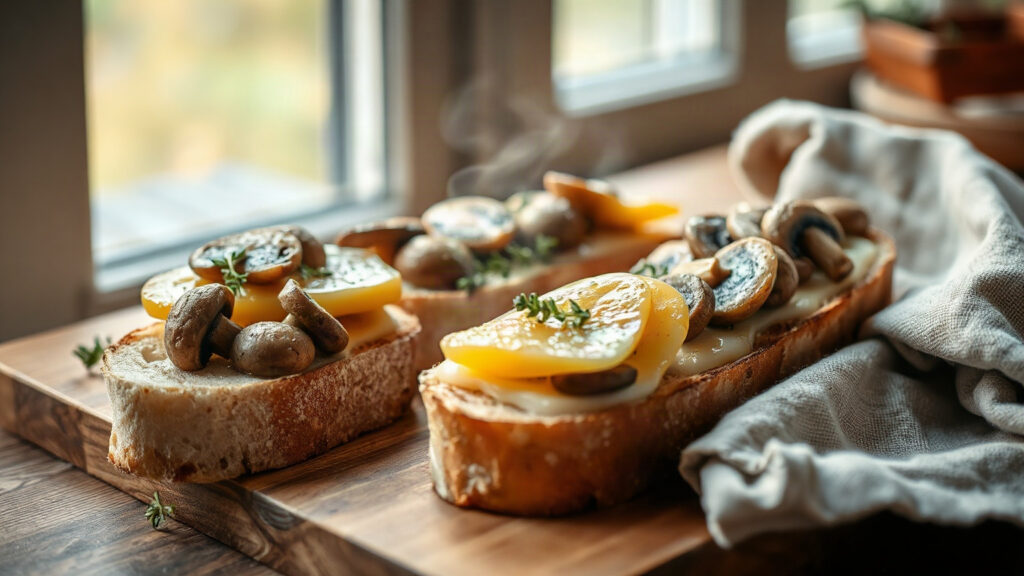 Toaster Oven Crispy Brown Butter Roasted Mushroom and Fontina Stuffed Baguette Slices with Fresh Thyme