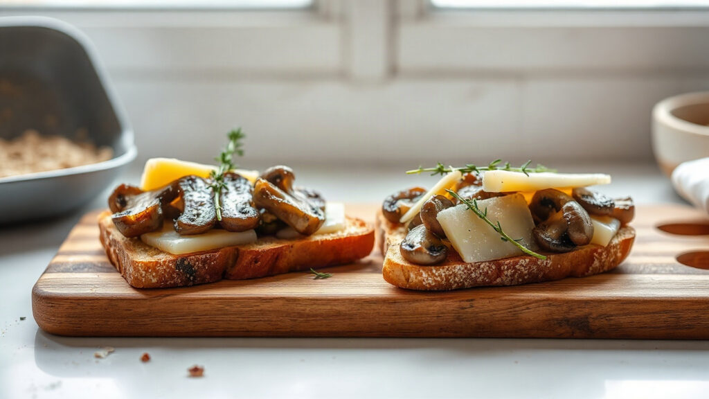 Toaster Oven Crispy Brown Butter Roasted Mushroom and Gruyère Tartines with Fresh Thyme
