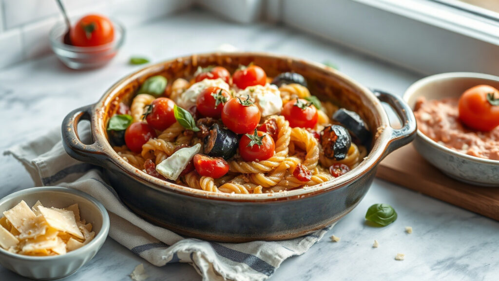 Toaster Oven Crispy Brown Butter Roasted Eggplant and Tomato Pasta Bake with Burrata