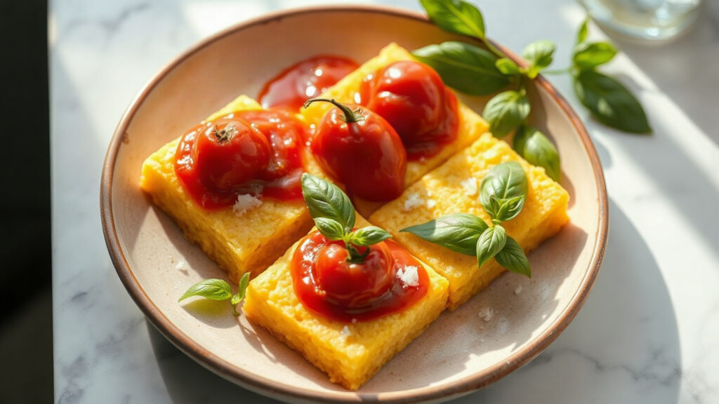 Toaster Oven Crispy Brown Butter Roasted Garlic and Parmesan Polenta Squares with Roasted Cherry Tomatoes