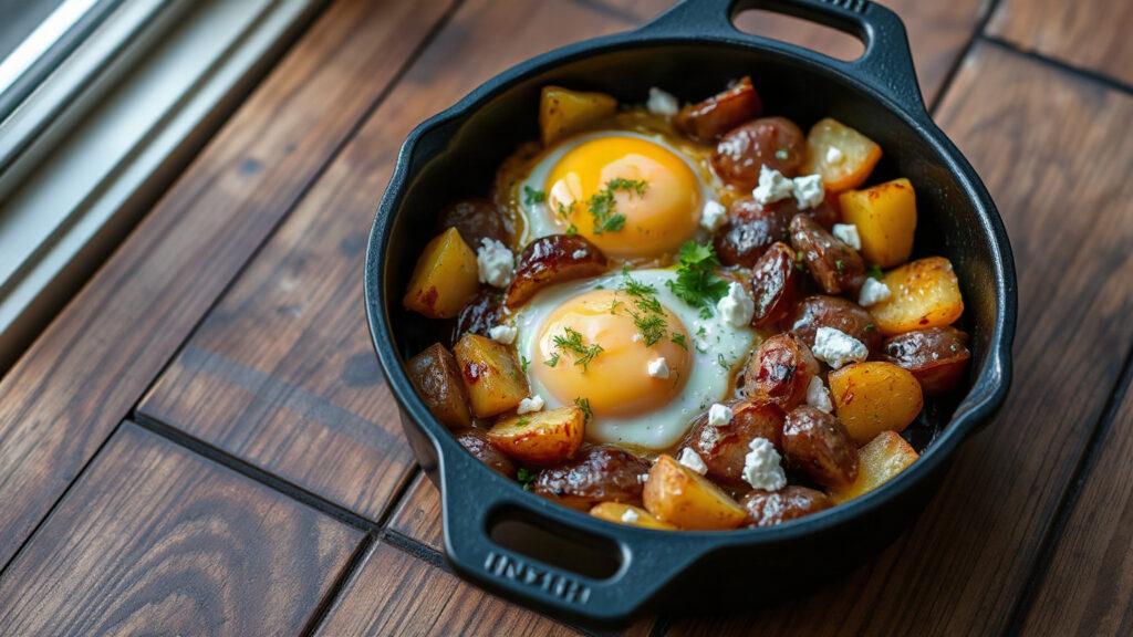 Toaster Oven Crispy Harissa Roasted Potato and Egg Hash with Feta and Fresh Herbs