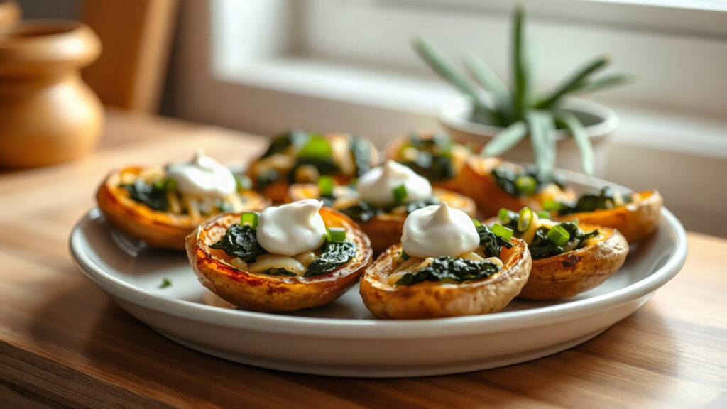 Toaster Oven Crispy Brown Butter Roasted Garlic and Spinach Stuffed Potato Skins with Sour Cream