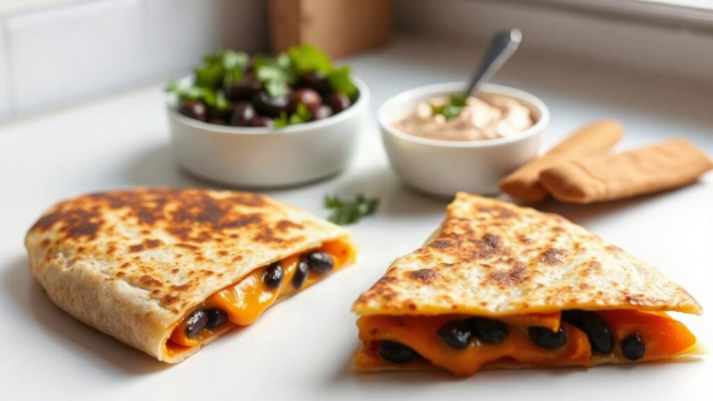 Toaster Oven Crispy Brown Butter Roasted Sweet Potato and Black Bean Quesadillas with Smoked Paprika Crema