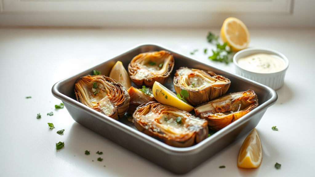 Toaster Oven Crispy Brown Butter Roasted Garlic and Parmesan Artichoke Hearts with Lemon Aioli