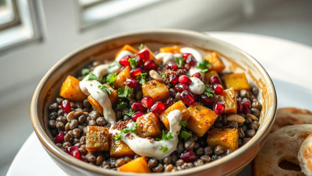 Toaster Oven Crispy Sumac Roasted Eggplant and Lentil Bowls with Tahini and Pomegranate