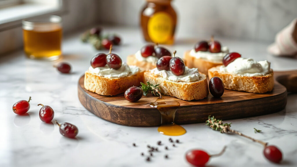 Toaster Oven Crispy Ricotta and Roasted Grape Crostini with Honey and Black Pepper