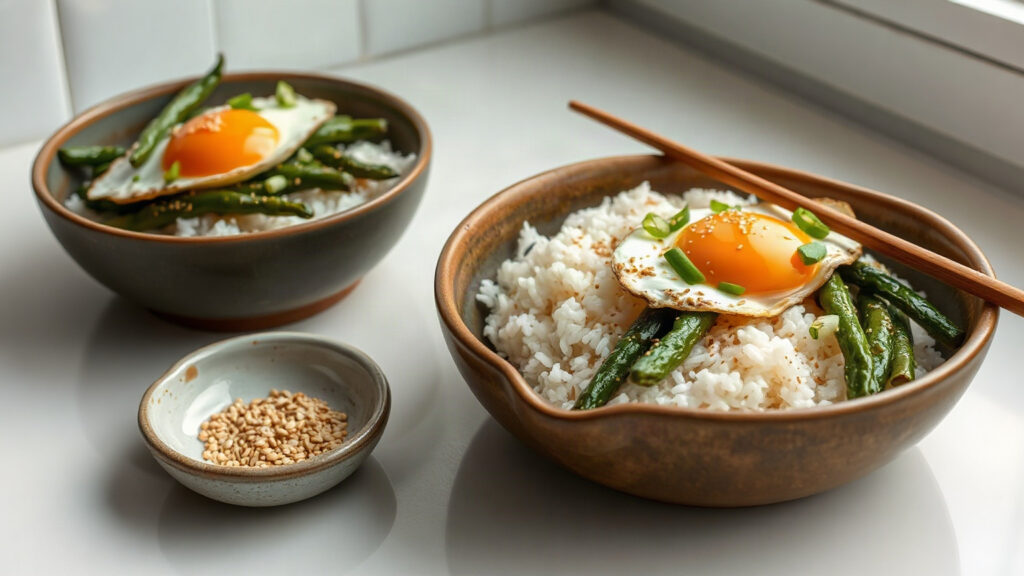 Toaster Oven Crispy Sesame Soy Roasted Green Beans with Soft Scrambled Eggs and Rice