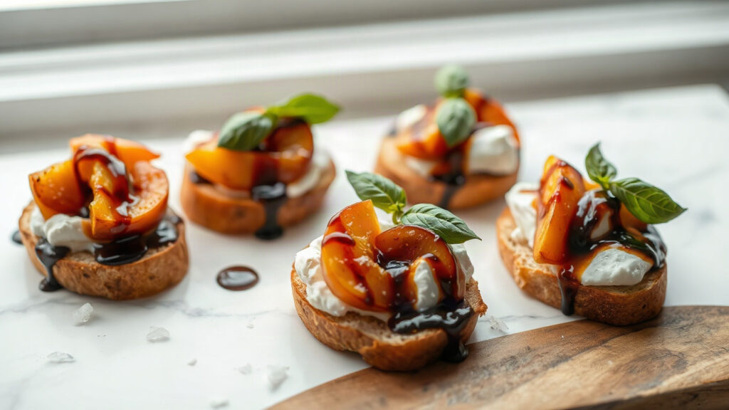 Toaster Oven Crispy Brown Butter Roasted Peach and Burrata Crostini with Basil and Balsamic