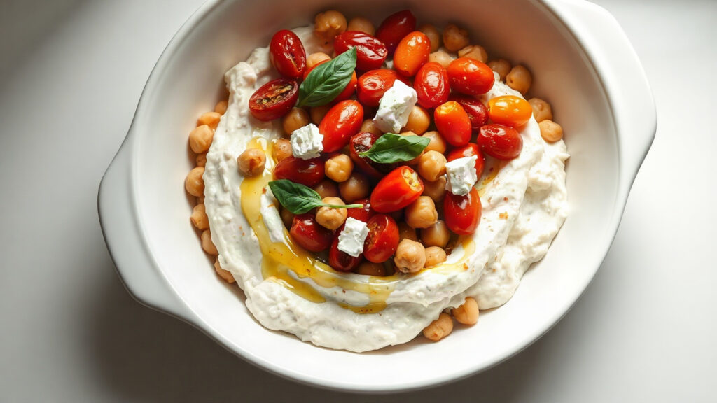 Toaster Oven Crispy Brown Butter Roasted Tomato and Chickpea Orzo with Whipped Feta and Fresh Basil