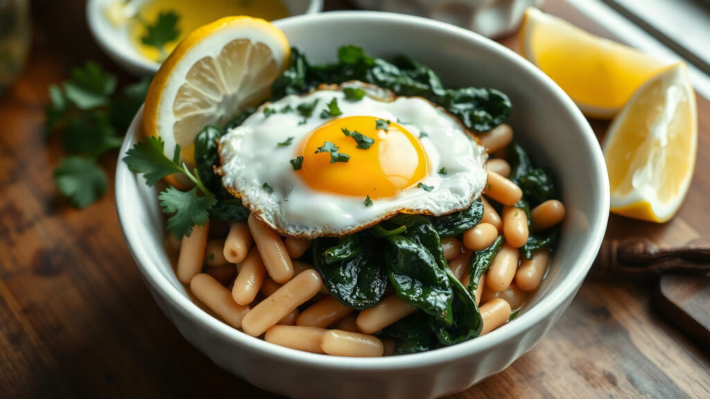 Toaster Oven Crispy Oregano and Lemon Roasted White Beans with Wilted Spinach and Fried Egg