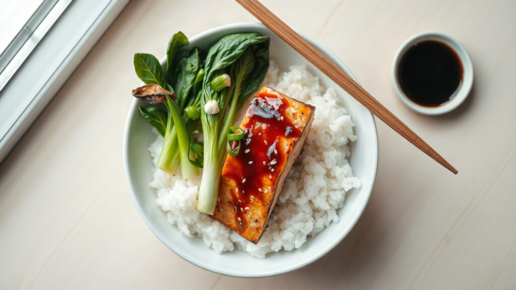 Toaster Oven Crispy Honey Soy Roasted Salmon and Bok Choy Rice Bowls with Sesame Ginger Drizzle